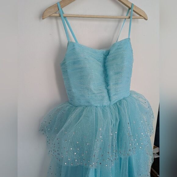 Ashley Lauren Sparkly Blue Tiered Tulle Mini Prom Dress Size 8 - Picture 2 of 9
